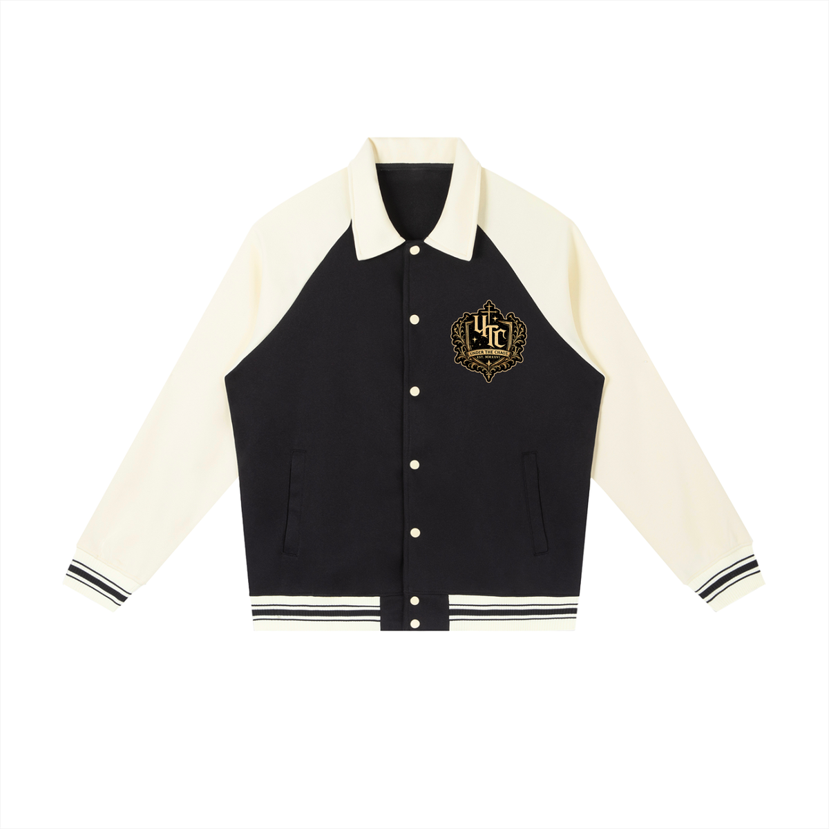 Black and white varsity jacket with yellow accents on a white background
