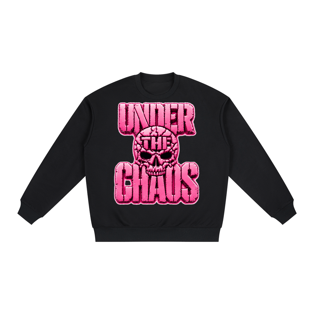 Under The Chaos Neon Pink Stencil Font Skull Unisex Oversized Drop Shoulder Crewneck Sweatshirt