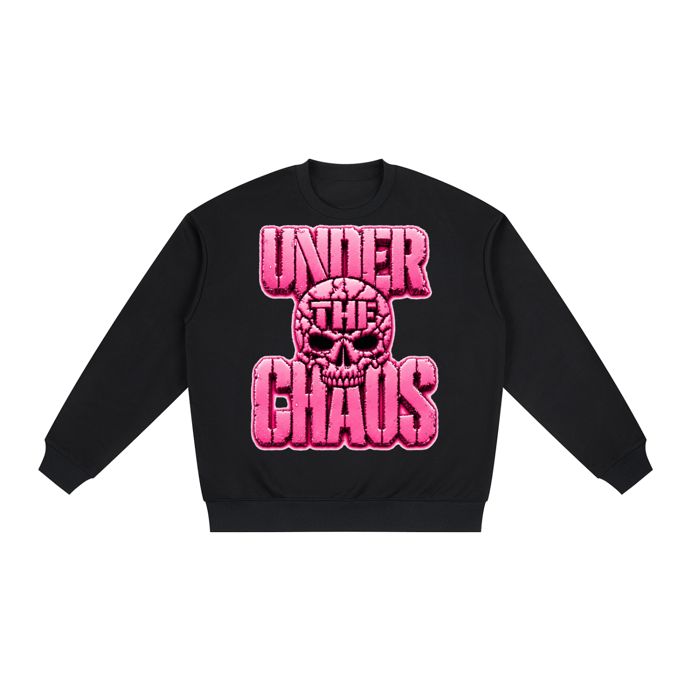 Under The Chaos Neon Pink Stencil Font Skull Unisex Oversized Drop Shoulder Crewneck Sweatshirt
