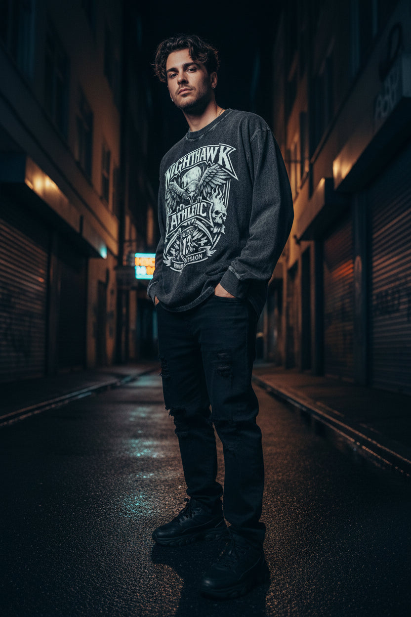 Nighthawk Gothic Crest Acid Wash Long Sleeve T-Shirt | Oversized Heavyweight Streetwear