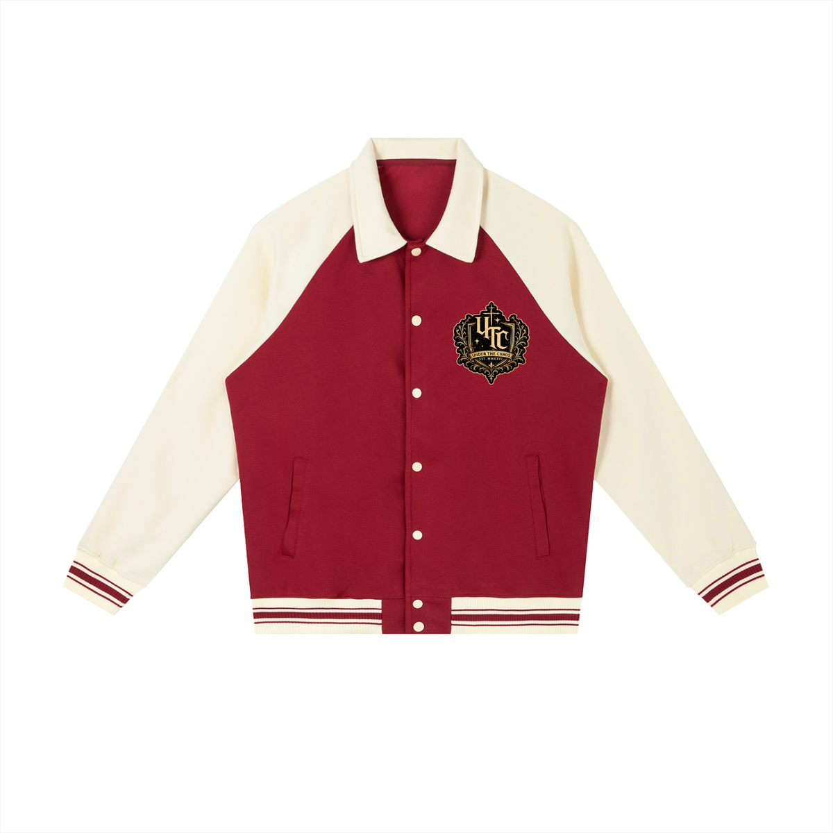 A varsity-style jacket with a deep red body and cream-colored sleeves, collar, and striped ribbed hem and cuffs. It features a green and gold crest patch on the left chest.