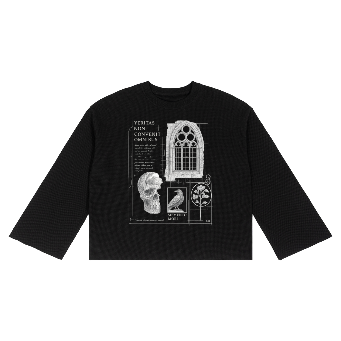 Memento Mori Gothic Waffle Long Sleeve T-Shirt | Dark Academia Raven Skull Tee