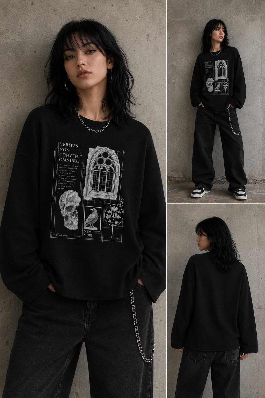 Memento Mori Gothic Waffle Long Sleeve T-Shirt | Dark Academia Raven Skull Tee