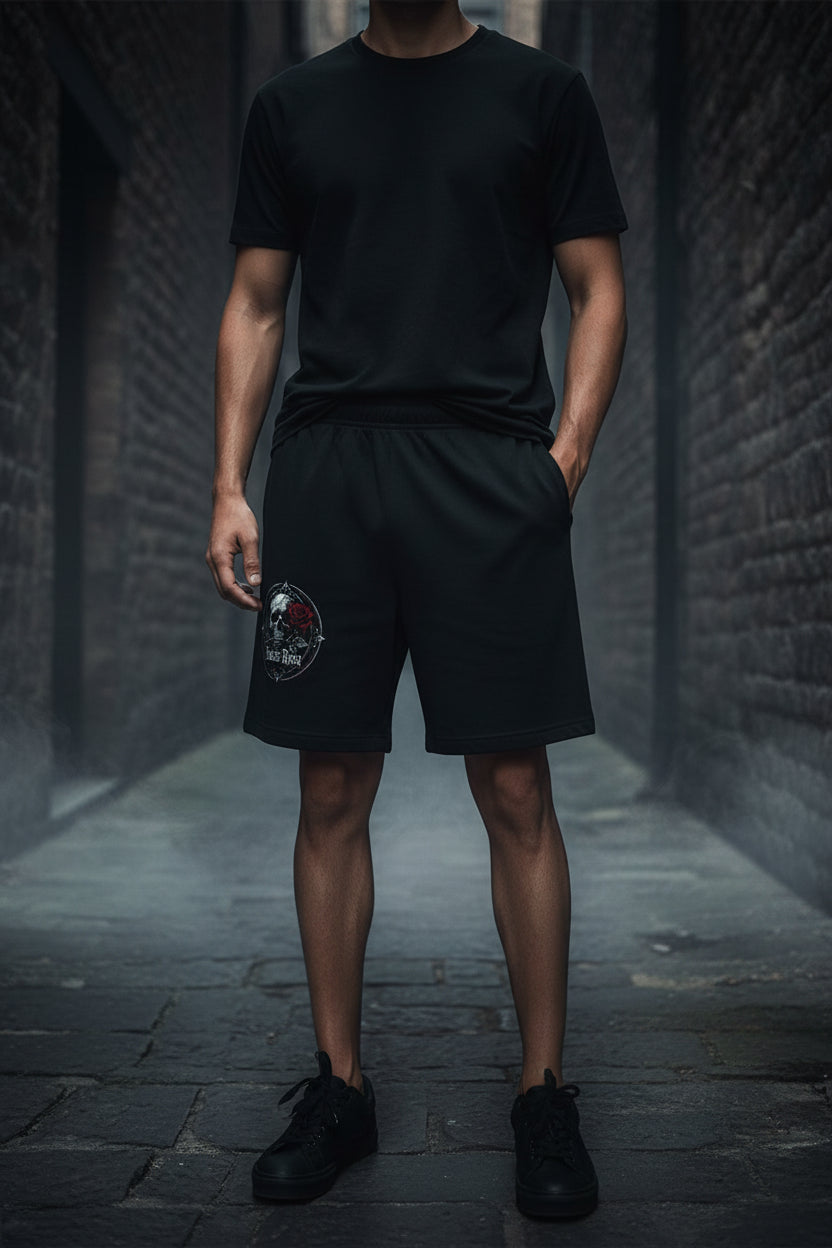 Noctis Rosa Gothic Skull & Rose Cotton Shorts | Unisex Streetwear
