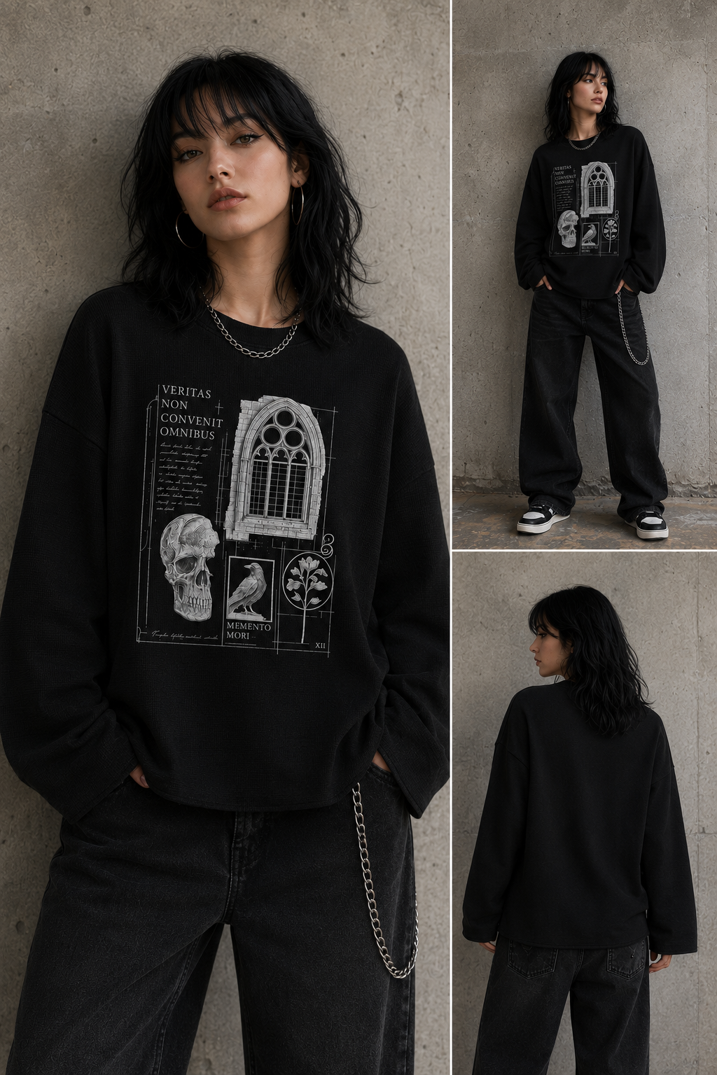 Memento Mori Gothic Waffle Long Sleeve T-Shirt | Dark Academia Raven Skull Tee