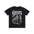 A black short-sleeve crewneck t-shirt featuring a white graphic print of a mugshot with the text 'FAMILY TIES' on a solid white background.