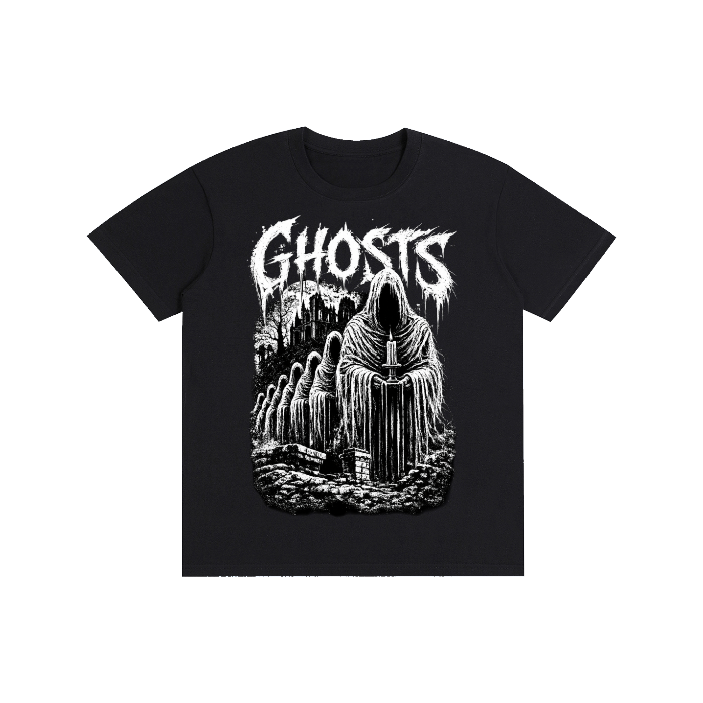 A black short-sleeve crewneck t-shirt featuring a white graphic print of a mugshot with the text 'FAMILY TIES' on a solid white background.