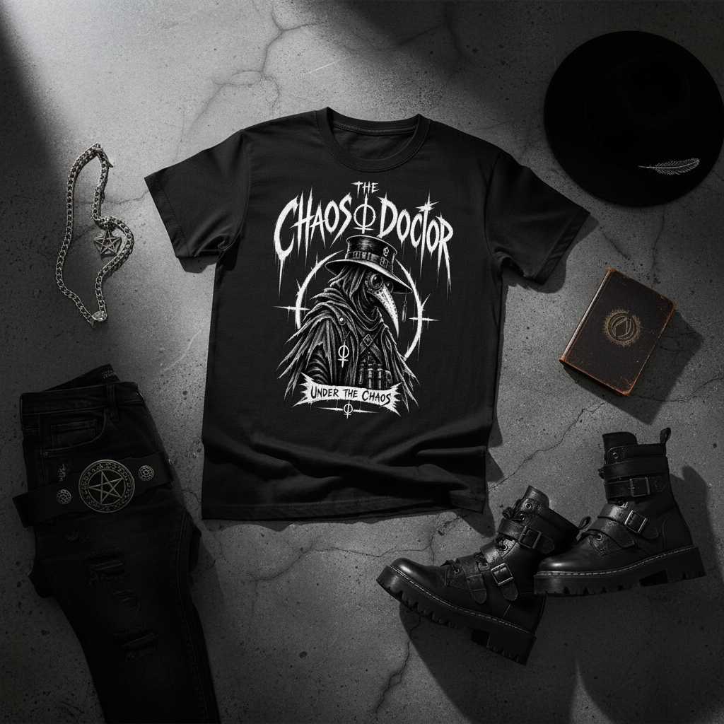Flat Lay "The Chaos Doctor graphic tee in Classic Black — bold plague doctor print with gothic lettering on a heavyweight 100% cotton t-shirt by Under The Chaos"