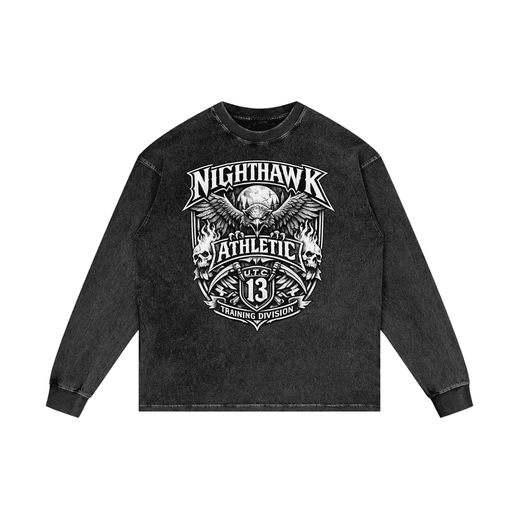 Nighthawk Gothic Crest Acid Wash Long Sleeve T-Shirt | Oversized Heavyweight Streetwear