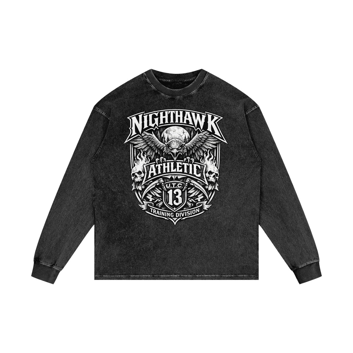 Nighthawk Gothic Crest Acid Wash Long Sleeve T-Shirt | Oversized Heavyweight Streetwear