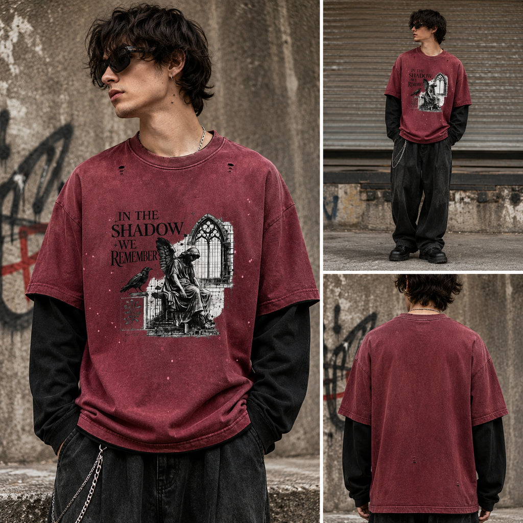 In The Shadow We Remember Gothic Vintage Wash Layered T-Shirt