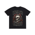 A black short-sleeve t-shirt with a graphic print featuring a skull, red roses, and the text 'UNDER THE CHAOS' in a gothic font, displayed on a solid white background.