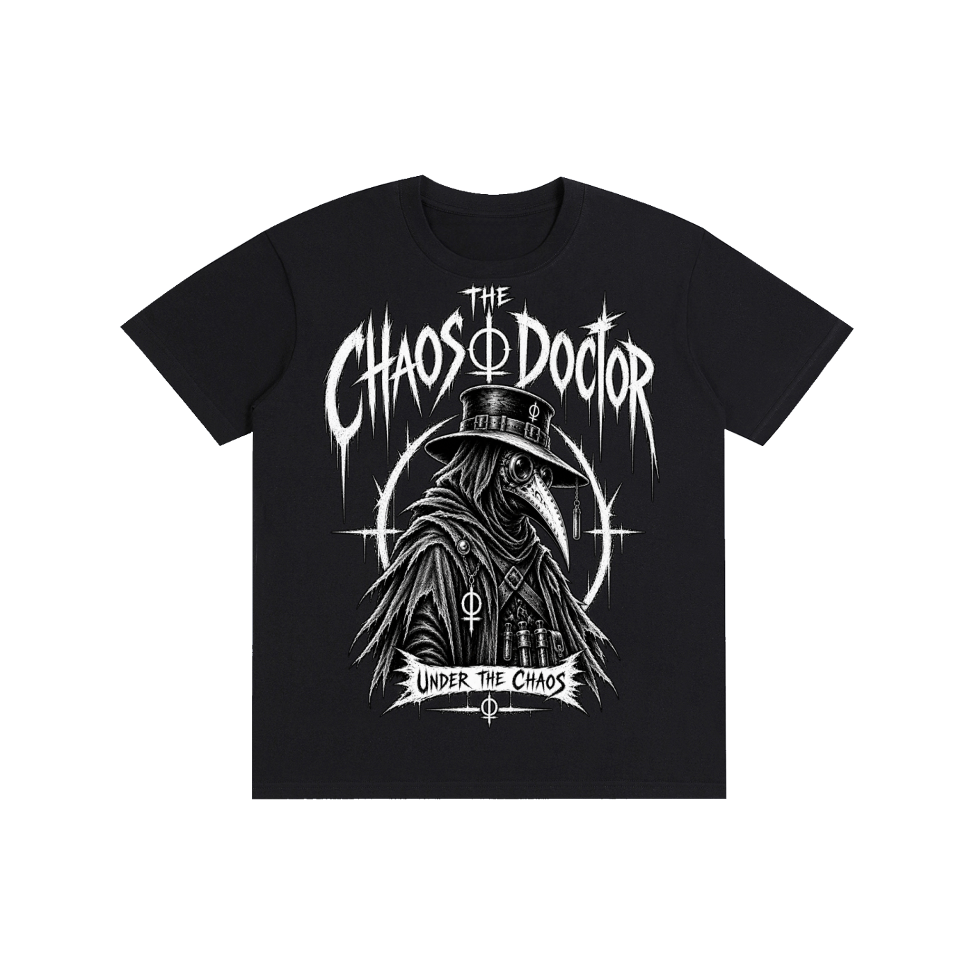 A black short-sleeve t-shirt with a white graphic print of a plague doctor and the text 'The Chaos Doctor' and 'Under the Chaos' on a plain white background.