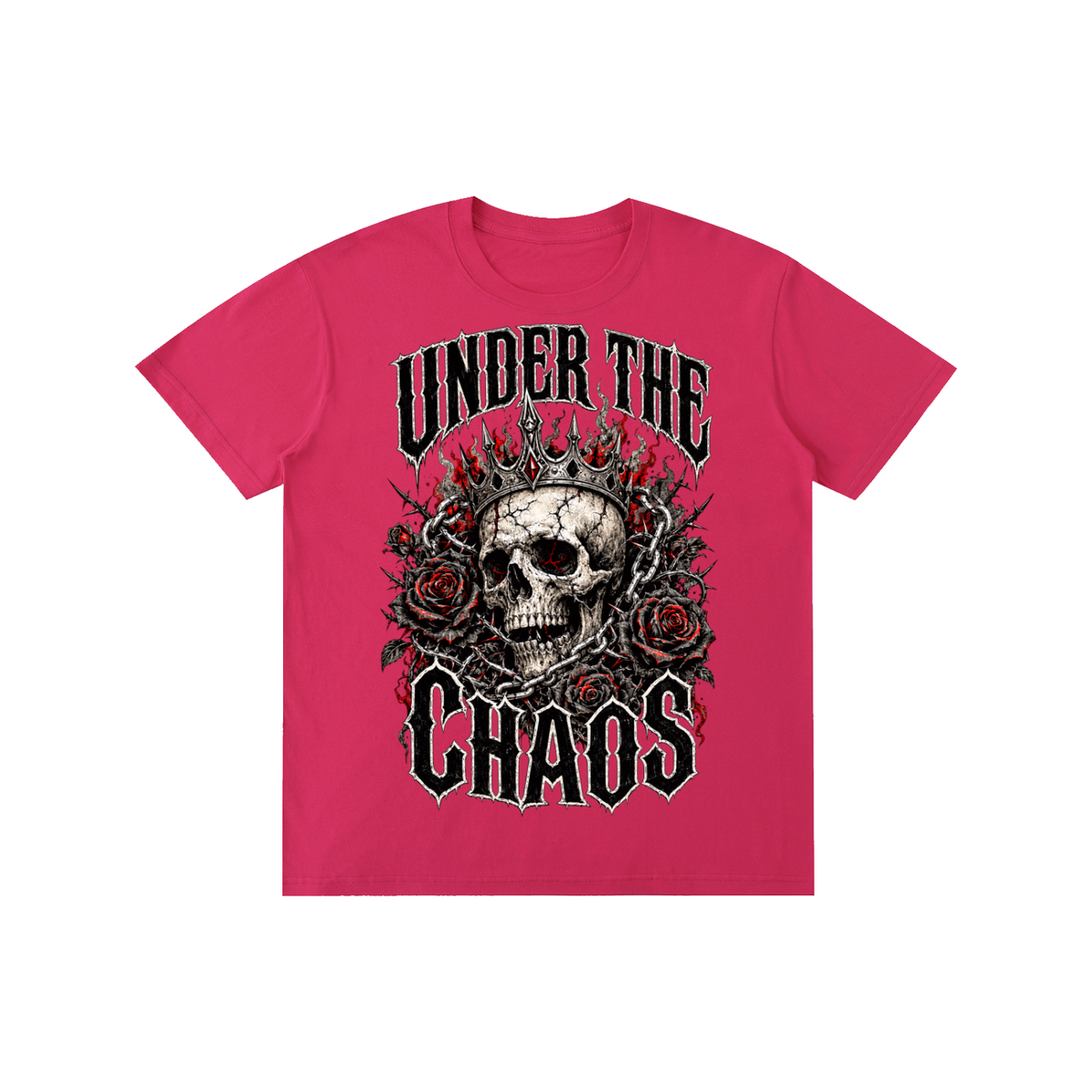 A bright pink short-sleeve t-shirt with a graphic on the front featuring a skull wearing a crown of thorns, surrounded by red roses, with the text 'UNDER THE CHAOS' in a black gothic font.
