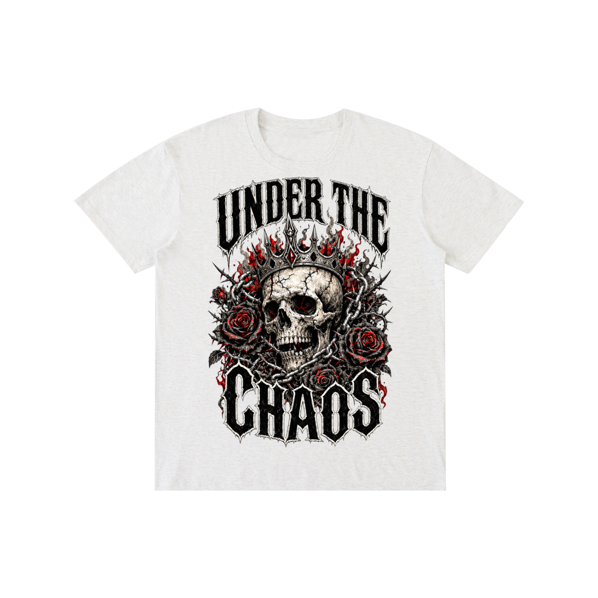 A white short-sleeve crewneck t-shirt featuring a graphic print of a skull wearing a crown of red roses, with the text 'UNDER THE CHAOS' in a black gothic font.
