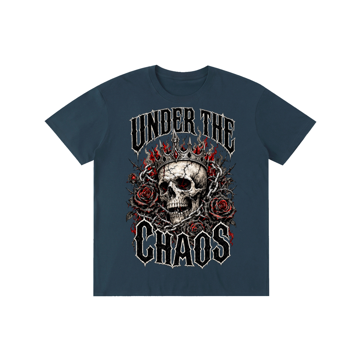 A dark slate blue crewneck t-shirt featuring a gothic graphic print of a skull wearing a crown of red roses, with the text 'UNDER THE CHAOS' in a distressed black font.