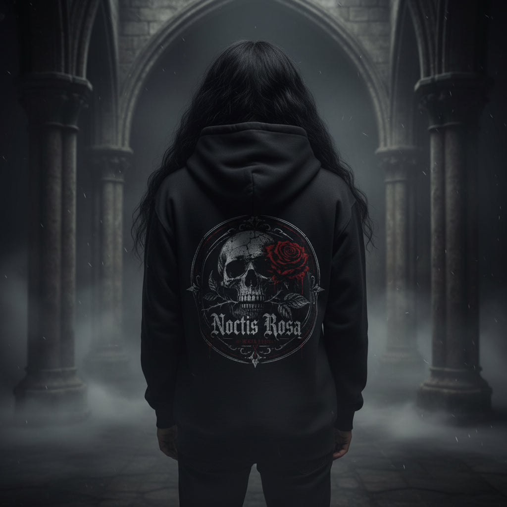 Noctis Rosa Gothic Hoodie | Skull & Rose Graphic Pullover | Unisex Hoodie