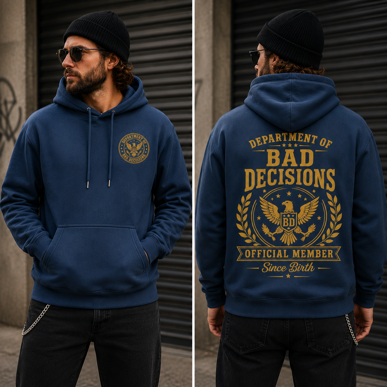 Funny Department of Bad Decisions hoodie featuring a front crest and oversized back print. Soft unisex pullover perfect for everyday wear and gifting.