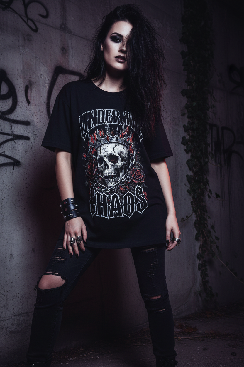 female model gothic short-sleeve t-shirt with a graphic on the front featuring a skull wearing a crown of thorns, surrounded by red roses, 