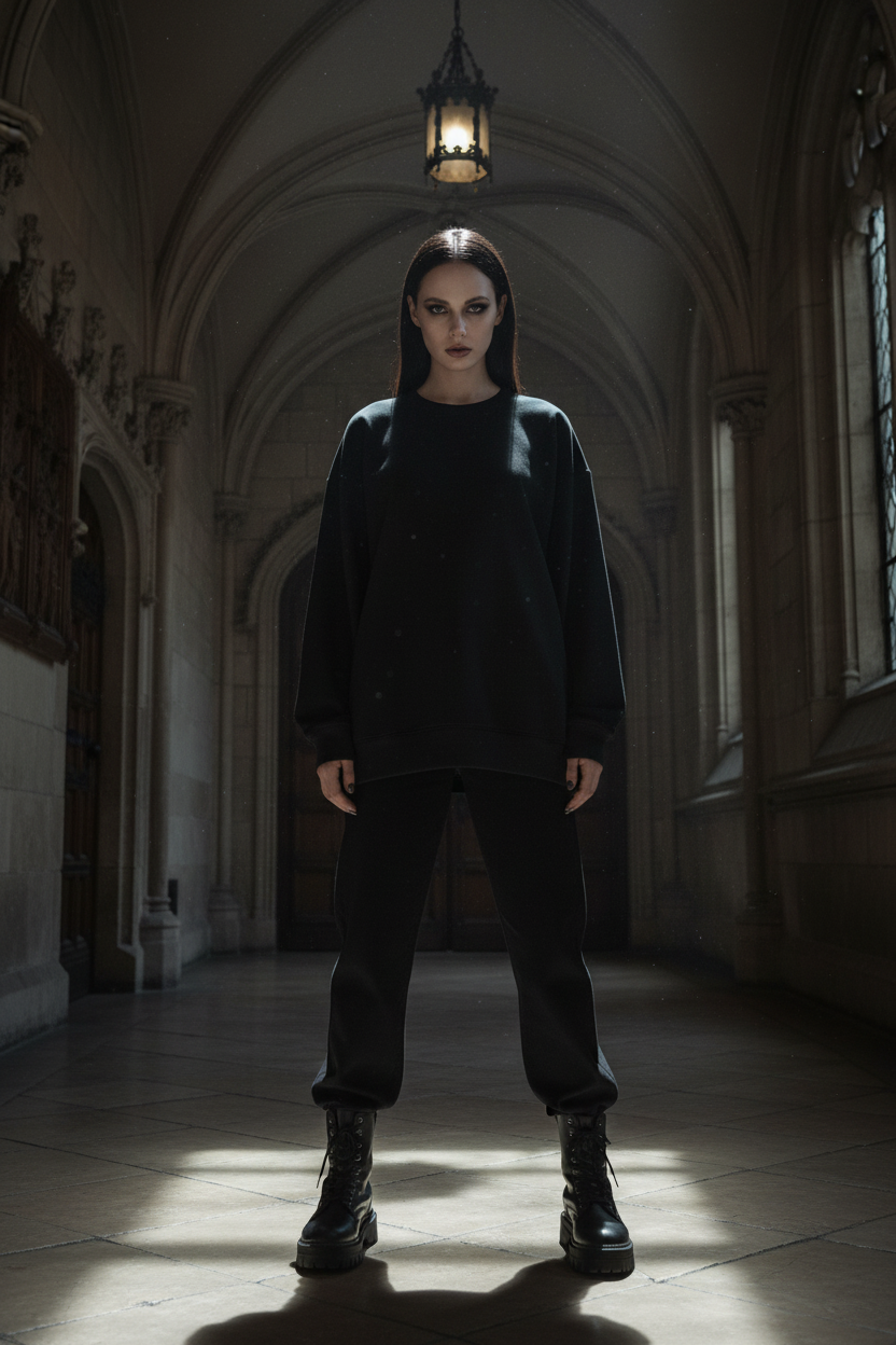 Front view of female model wearing black oversized drop shoulder crewneck sweatshirt, gothic collegiate editorial, stone university corridor