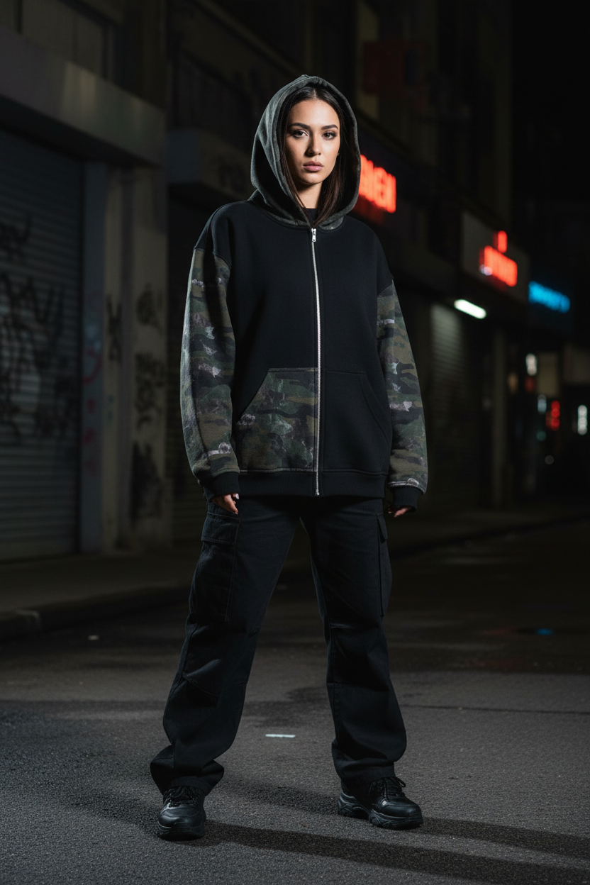 Unisex Colorblock Camo Full Zip Boxy Hoodie