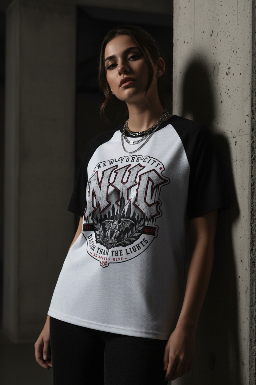 NYC Darker Than The Lights Raglan Tee – White with Black – lifestyle editorial