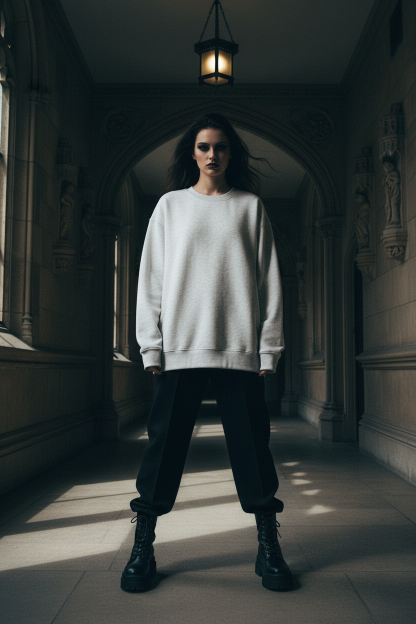 Front view of female model wearing oat gray oversized drop shoulder crewneck sweatshirt, gothic collegiate editorial, stone university corridor