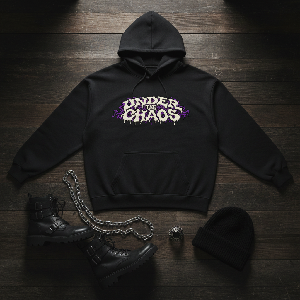 Under The Chaos Relaxed Fit Hoodie — styled flat lay with boots and chains