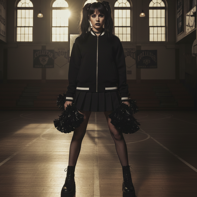 Model wearing black contrast piping zip bomber jacket styled as gothic cheerleader