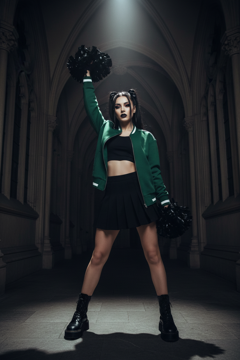 Model wearing dark green contrast piping zip bomber jacket as gothic cheerleader in stone corridor