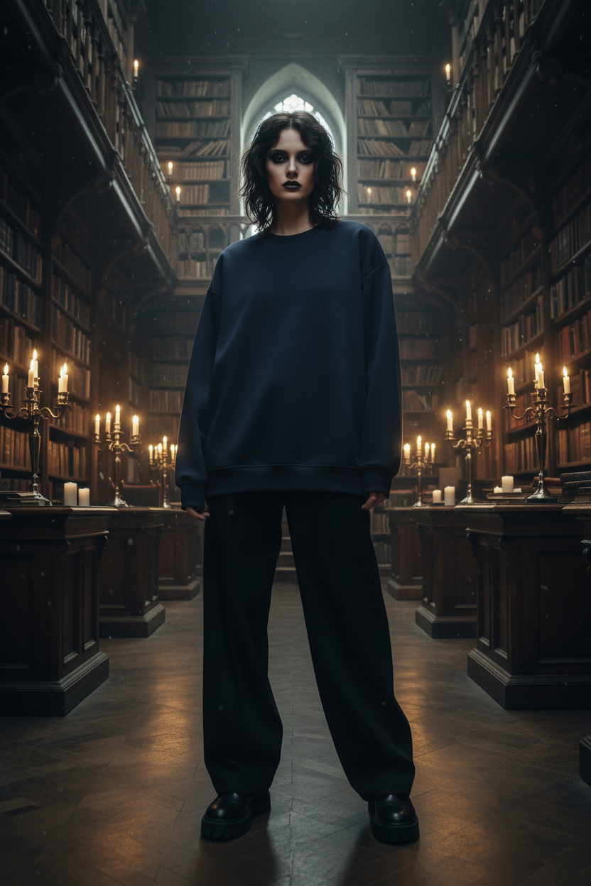 Front view of female model wearing navy blue oversized drop shoulder crewneck sweatshirt, gothic collegiate editorial, dimly lit gothic library