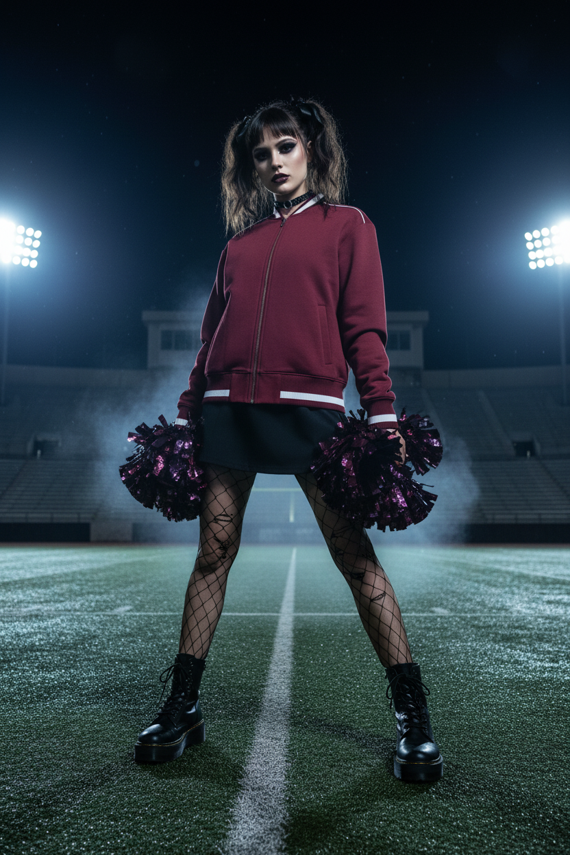 Model wearing wine red contrast piping zip bomber jacket styled as gothic cheerleader under stadium lights