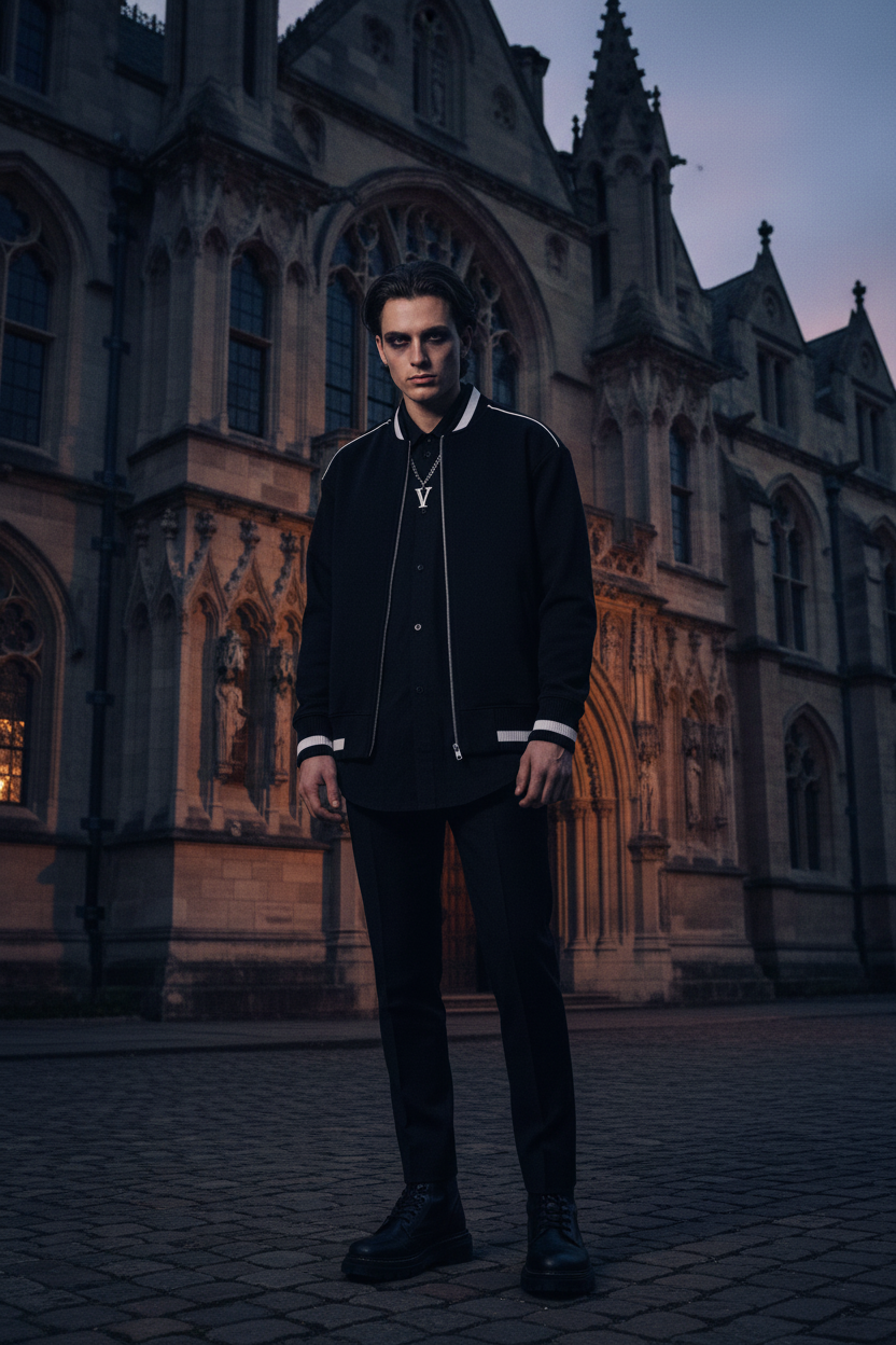 Model wearing black contrast piping zip bomber jacket in gothic college setting