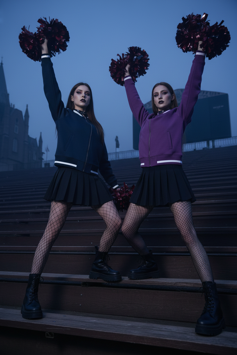 Two models wearing navy blue and purple contrast piping zip bomber jackets as gothic cheerleaders on bleachers