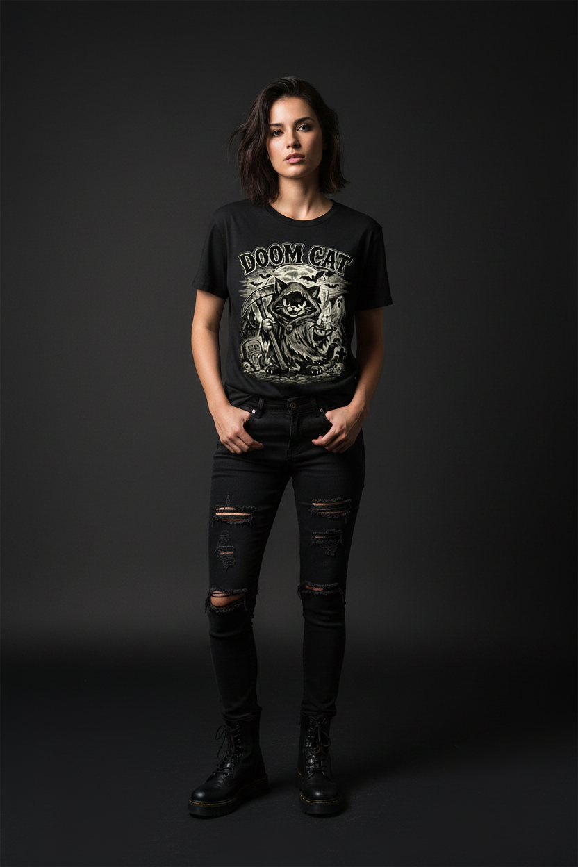 Doom Cat graphic t-shirt female model front view