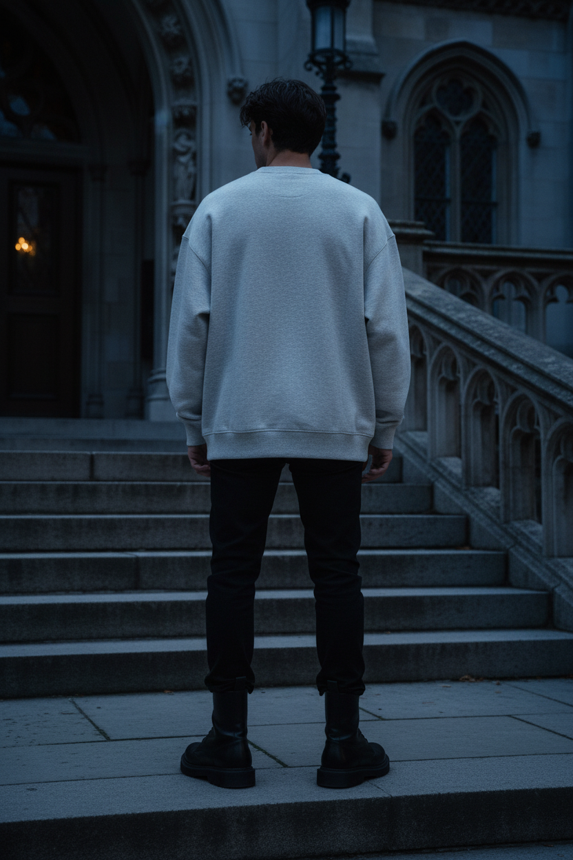 Back view of male model wearing flower gray oversized drop shoulder crewneck sweatshirt, plain back panel, gothic collegiate editorial