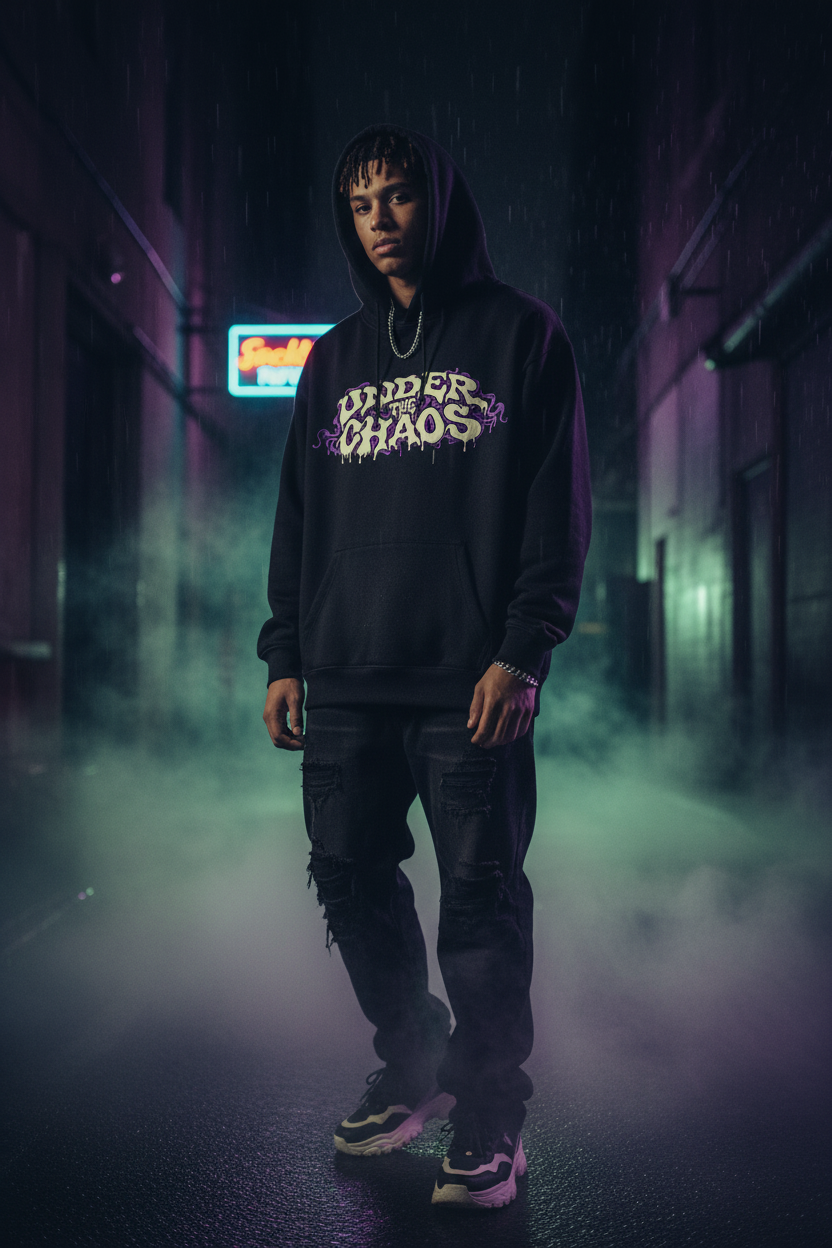 Under The Chaos Relaxed Fit Hoodie — male model in dark urban alleyway