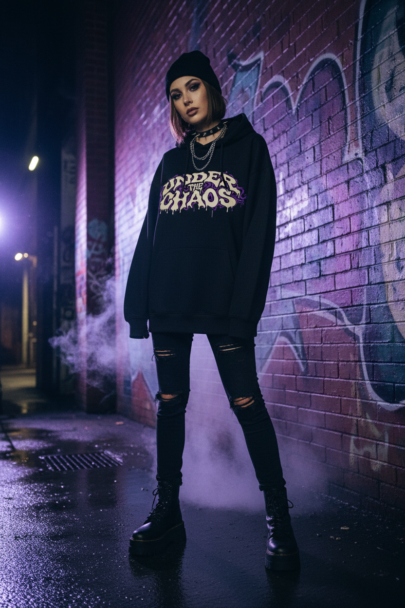 Under The Chaos Relaxed Fit Hoodie — female model against graffiti wall