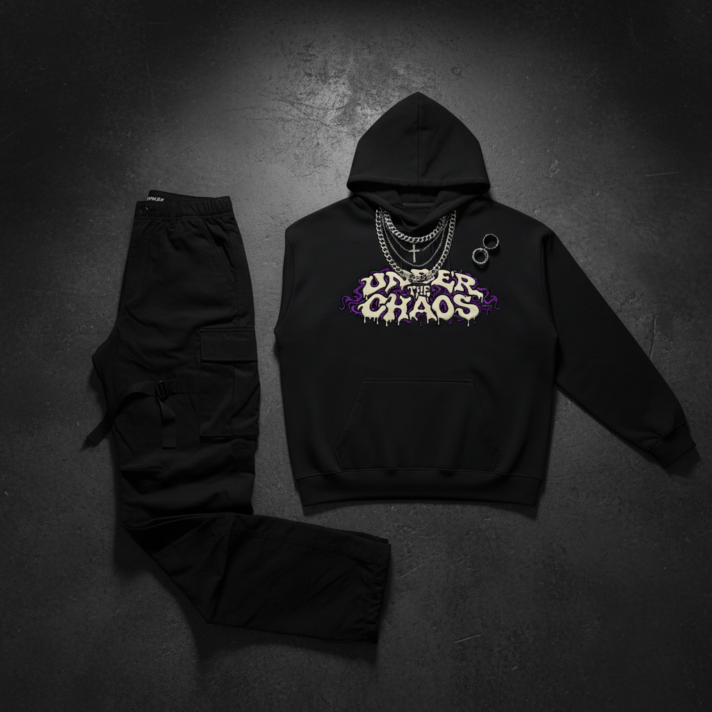 Under The Chaos Relaxed Fit Hoodie — dark concrete flat lay
