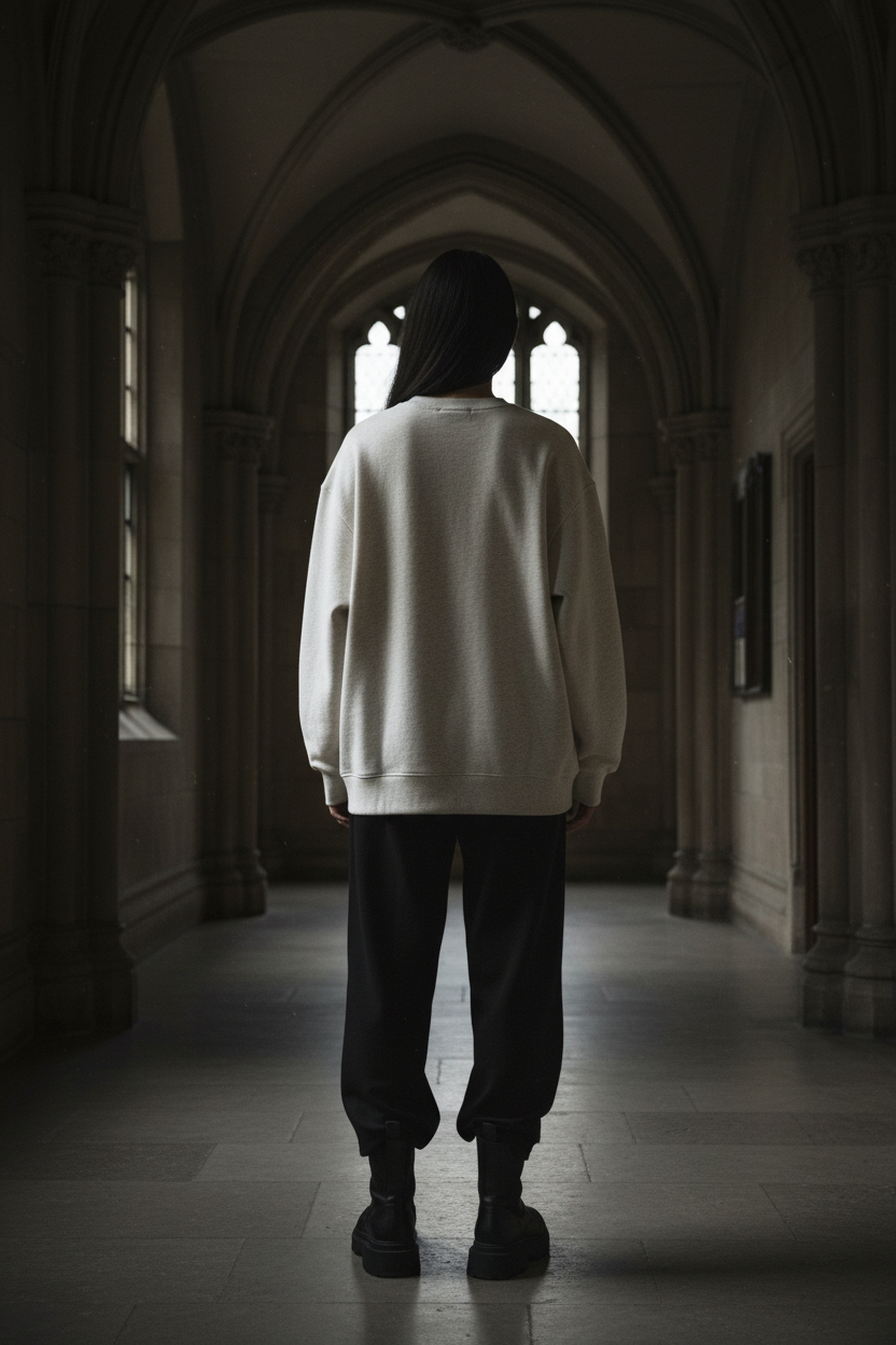 Back view of female model wearing oat gray oversized drop shoulder crewneck sweatshirt, plain back panel, gothic collegiate editorial