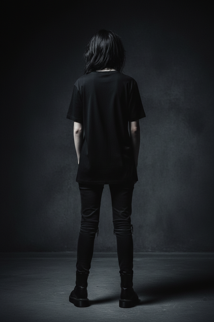 Doom Cat graphic t-shirt female model back view