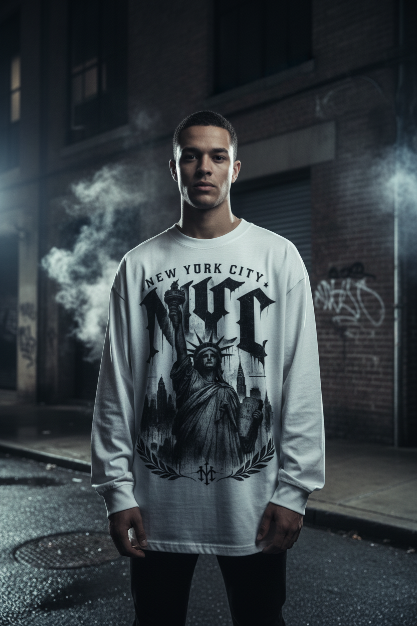 Model wearing oversized NYC gothic long sleeve t-shirt in dark urban setting