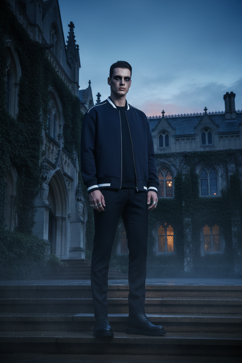 Male model wearing navy blue contrast piping zip bomber jacket on gothic university steps at dusk
