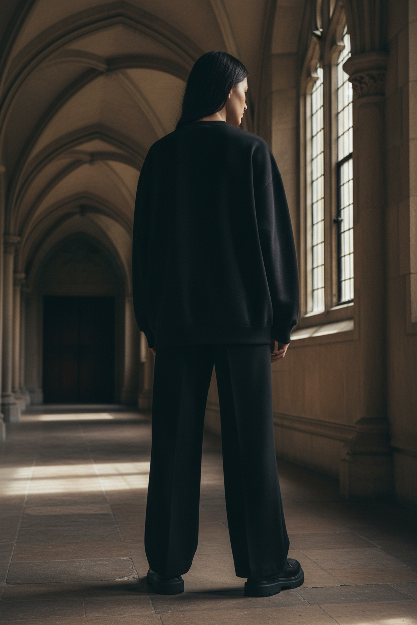 Back view of female model wearing black oversized drop shoulder crewneck sweatshirt, plain back panel, gothic collegiate editorial