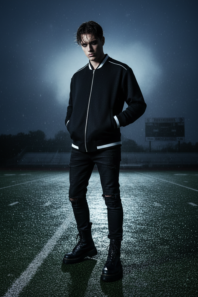 Male model wearing black contrast piping zip bomber jacket on rain-soaked football field at night