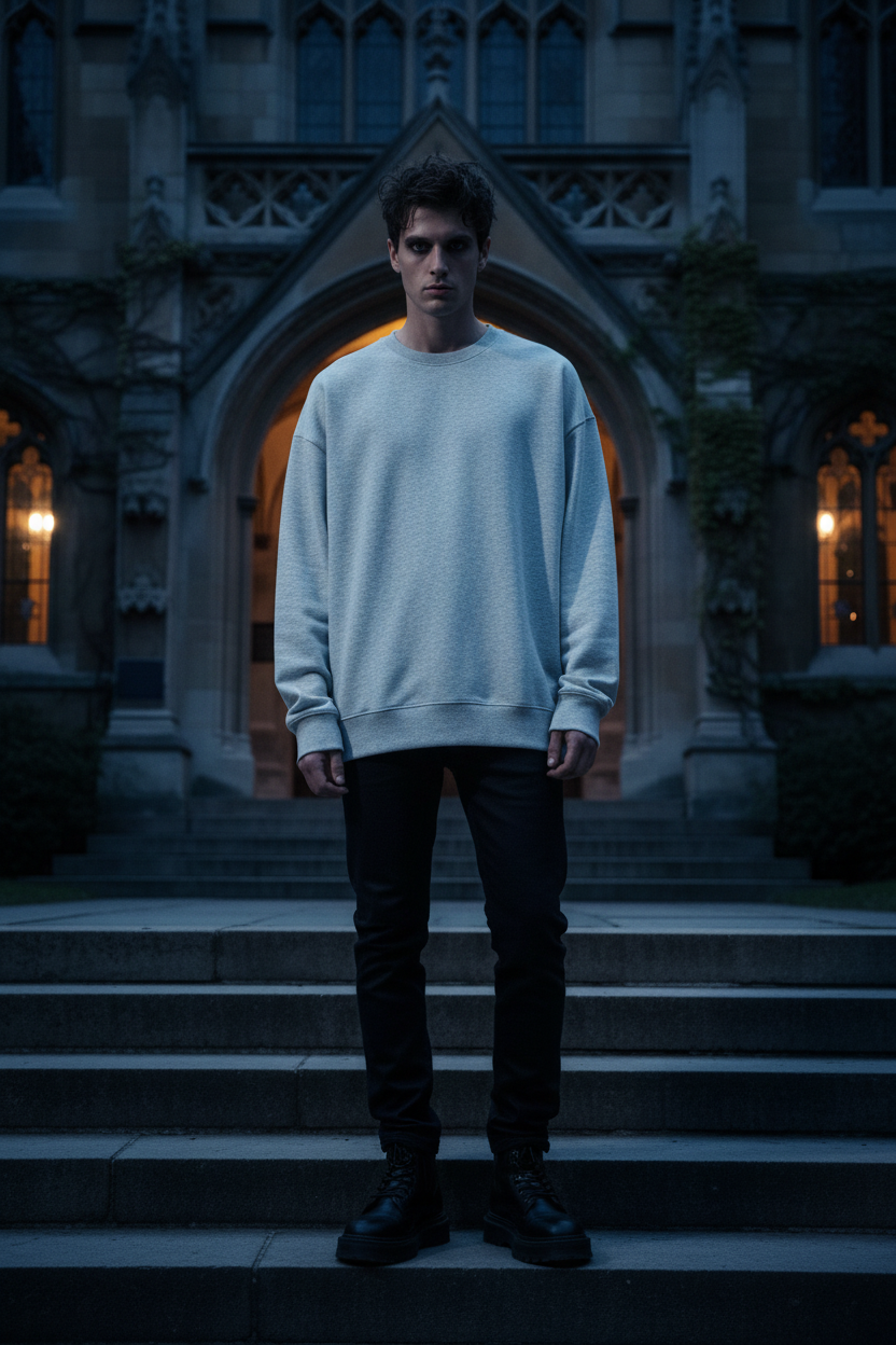 Front view of male model wearing flower gray oversized drop shoulder crewneck sweatshirt, gothic collegiate editorial, university steps at dusk