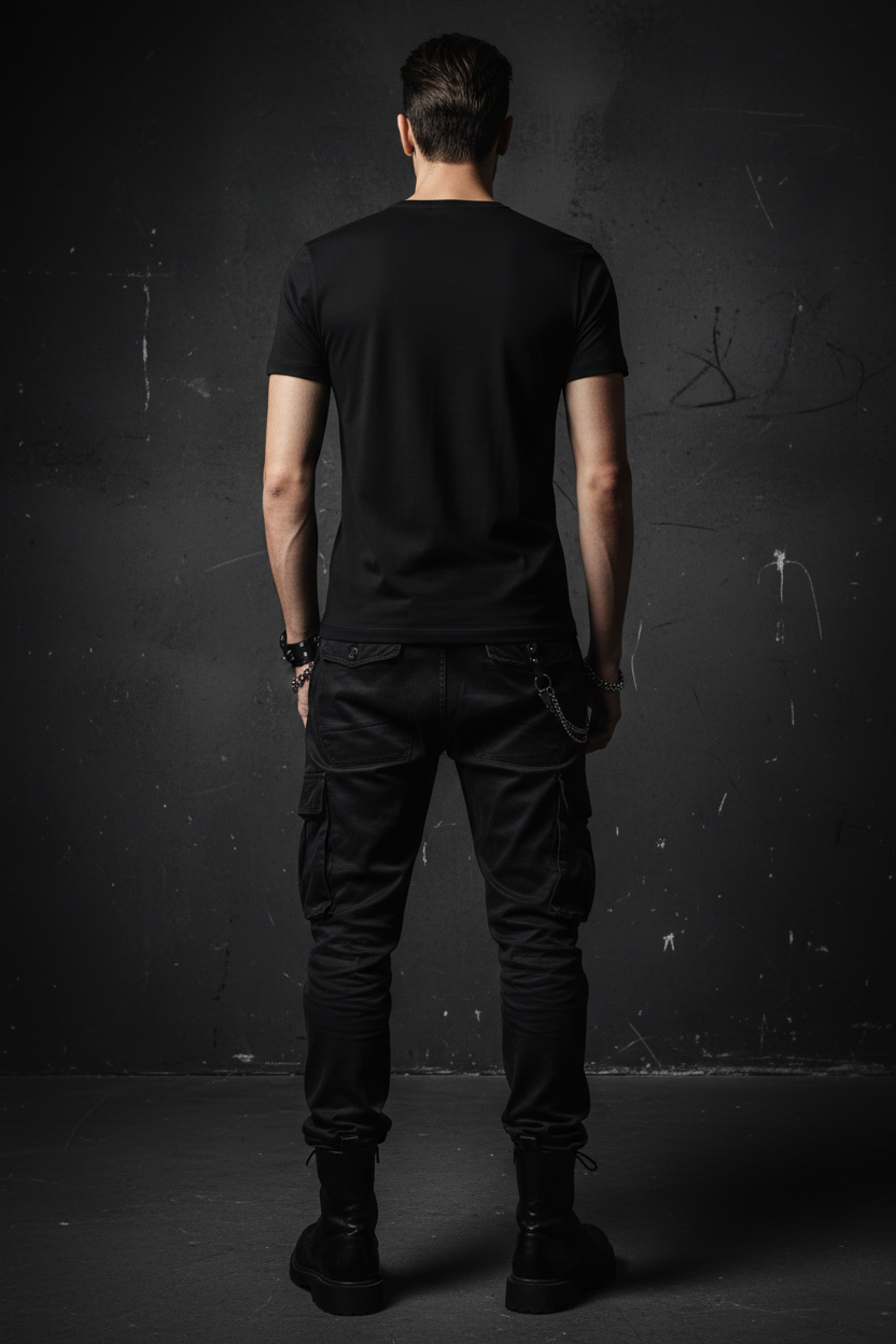 Doom Cat graphic t-shirt male model back view