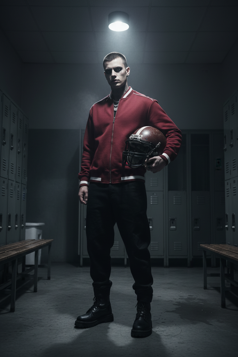 Male model wearing wine red contrast piping zip bomber jacket in gothic locker room