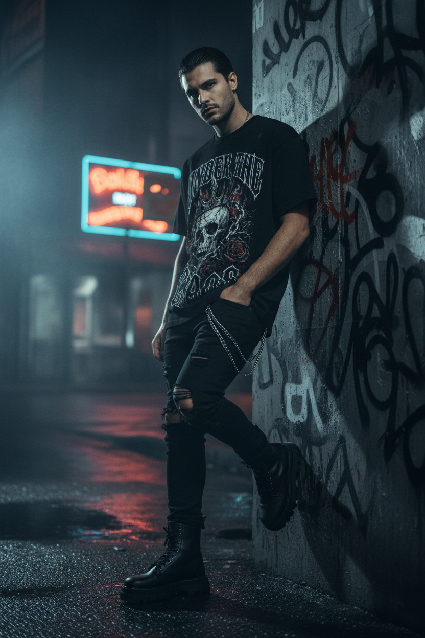 Male model gothic short-sleeve t-shirt with a graphic on the front featuring a skull wearing a crown of thorns, surrounded by red roses, 