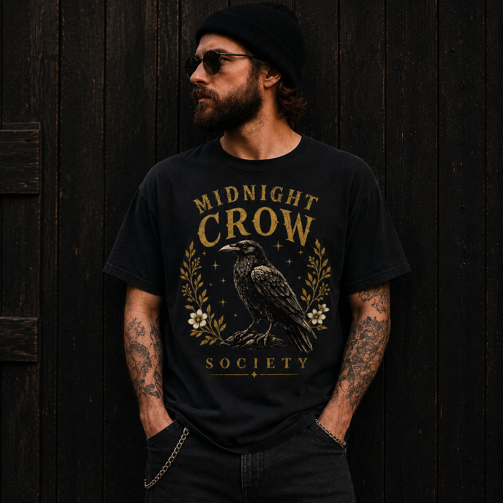 Midnight Crow Society unisex cotton T-shirt featuring a vintage raven design. Perfect for gothic fashion, dark academia, goblincore and alternative style.